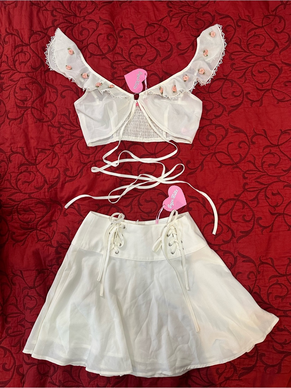 Dolls Kill White Floral Trim Crop Top and Lace-Up Skirt Set
